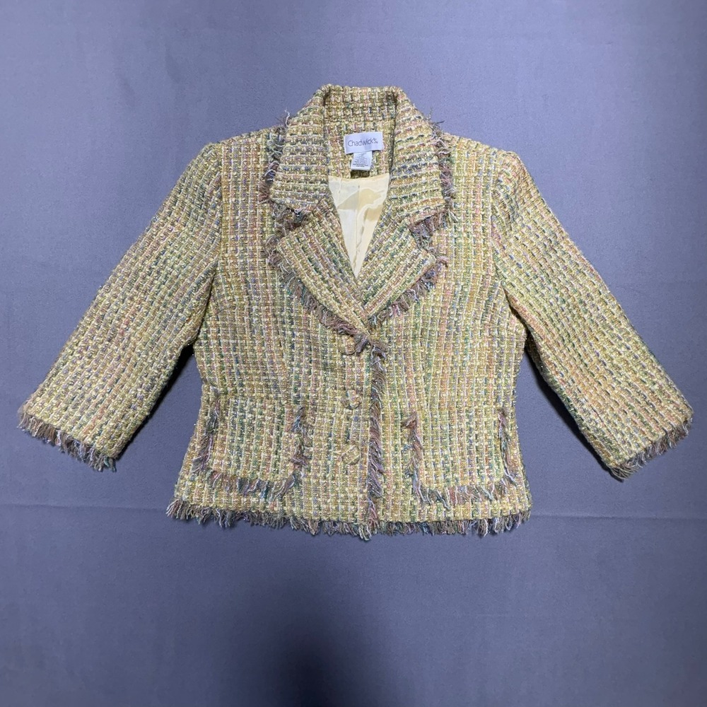 Chadwicks Yellow Multicolor Tweed Fringe Blazer Jacket 8P 22923